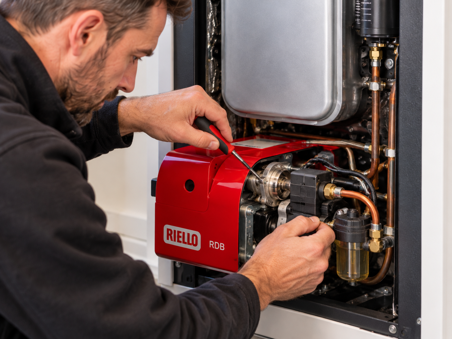 Engineer fixing oil burner